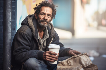 Homeless Man in Dirty Clothes with Sorrowful Eyes Holding Coffee Cup