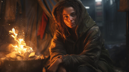 Fototapeta premium Young, sad homeless woman seated next to a barrel with fire, seeking warmth in the cold