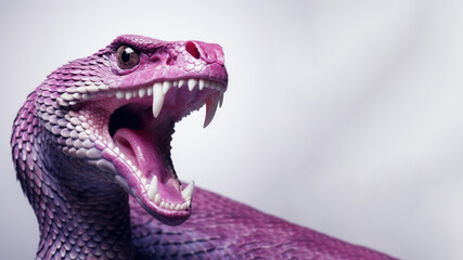 Purple snake open mouth ready to attack isolated on gray background
