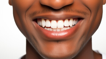 Young african american man with beautiful smile on beige background. Teeth whitening.
