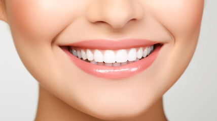 Obraz premium Charming female smile with dazzling white teeth, showing excellent dental health and hygiene isolated on white background. Ideal for dental banner. 