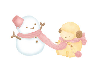 雪だるまにマフラーを編む羊のイラスト
