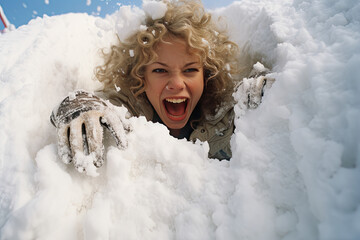 a woman playing on a snow slide in the snow