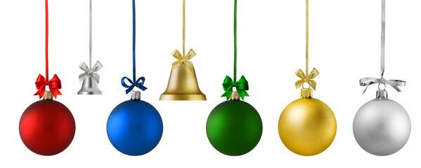 Christmas Balls on a rope or ribbon isolated on a white background