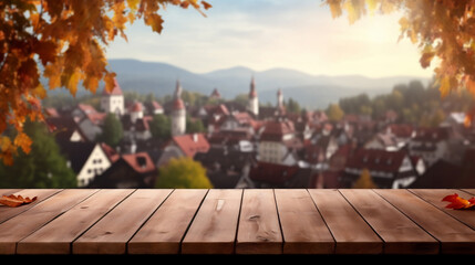 Empty wooden table top with Scandinavia village or traditional European town/city background and Autumn leaves. Autumn Themed. Bokeh style background. Stage for product design. Generative AI - obrazy, fototapety, plakaty