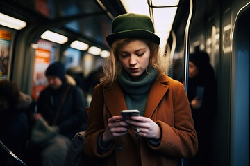 a woman using her smartphone inside subway commute