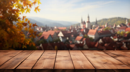 Empty wooden table top with Scandinavia village or traditional European town/city background and Autumn leaves. Autumn Themed. Bokeh style background. Stage for product design. Generative AI - obrazy, fototapety, plakaty