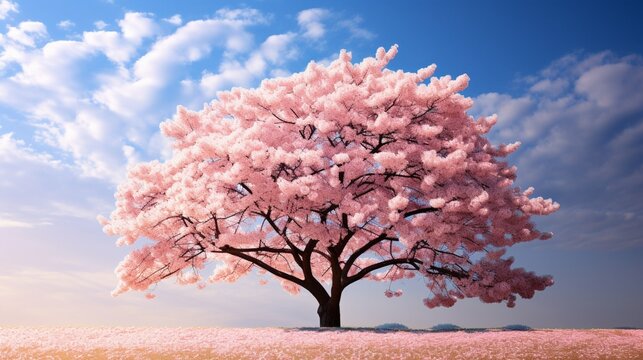A cherry blossom tree in full bloom against a backdrop of a clear spring sky
