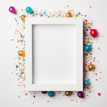 Generative AI image of white frame with colorful balloons and confetti