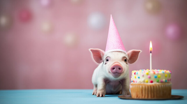 copy space, stockphoto, cute piglet wearing a birthday hat, sitting next to a birthday cake. Beautiful template design for birtday card, birthday invitation, greeting card. Cute sweet piglet with birt