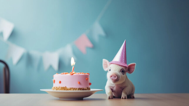 copy space, stockphoto, cute piglet wearing a birthday hat, sitting next to a birthday cake. Beautiful template design for birtday card, birthday invitation, greeting card. Cute sweet piglet with birt