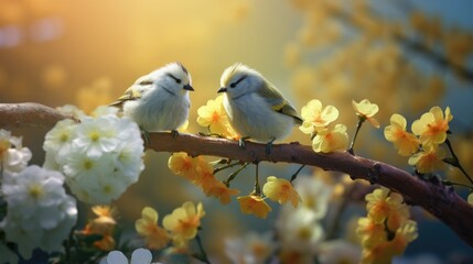 Obraz premium Small white birds perched on a stick amid flowers in the exotic style.