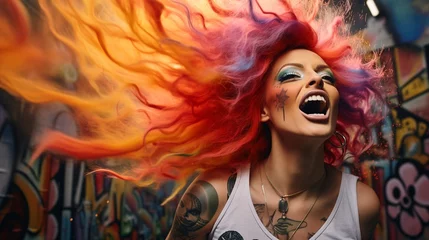 Gordijnen Artistic Rebellion: Graffiti Explosion with Bold Woman and Multicolored Hair © Kristian
