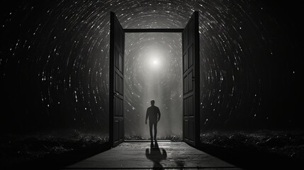Gateway to Infinite Realms: Person Stepping through Surreal Doorway into a Universe of Possibilities - obrazy, fototapety, plakaty