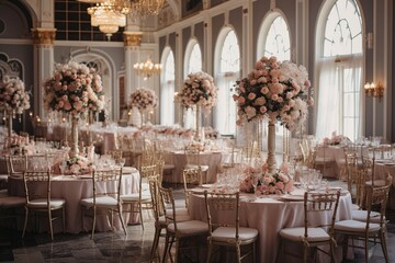 Fototapeta na wymiar Elegance Unveiled: Enchanting Wedding Reception Hall with Lush Florals and Sparkling Chandelier