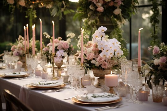 Elegance Unveiled: Enchanting Wedding Reception Hall with Lush Florals and Sparkling Chandelier