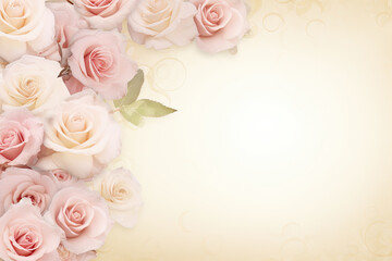 A border of soft pastel roses in delicate shades of pink and cream, framing the edges of the image with copy space