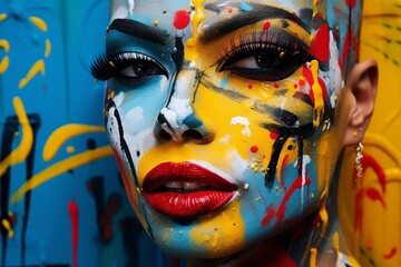 Urban Glamour: Fashion Model with Intense Graphic Makeup Integrated into Street Art Mural