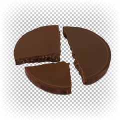 Round flat chocolate coin split into three pieces. Vector 3D illustration. Dessert, money, infographics, concept, diagram.