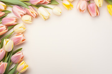 An arrangement of pastel tulips in soft yellows, pinks, and whites, creating a border around the image with copy space - obrazy, fototapety, plakaty