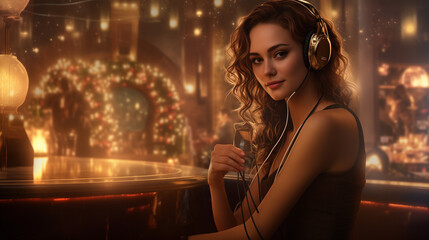 Smiling young woman sitting in a festive restaurant foyer with Christmas lights and listening to music with golden headphones