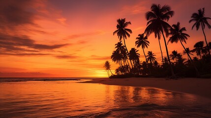 Fototapeta na wymiar A tropical beach at sunset with palm trees silhouetted against the fiery sky