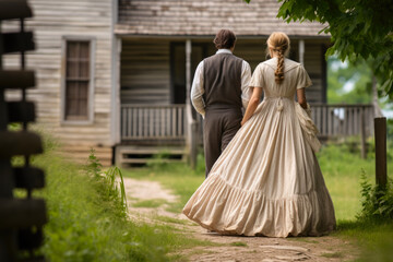 Couple in vintage attire walks together. Concept of historical romance. - obrazy, fototapety, plakaty