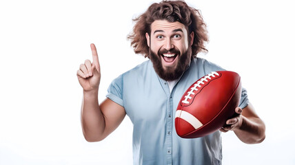 Banner with a smiling American football fan holding a racby ball, white background with copy space - obrazy, fototapety, plakaty