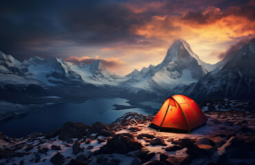 camping tent in the snowy mountain top scene,