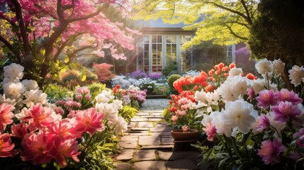 Fototapeta na wymiar A vibrant spring garden bursting with blooming flowers and lush greenery