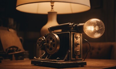 Vintage style photo of an old fashioned movie projector and lamp.