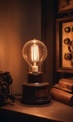 Vintage Edison light bulb on a desk in a dark room.