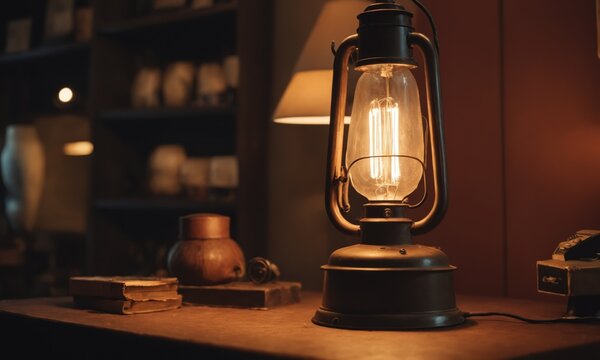 Vintage oil lamp on the table in a dark room. Retro style.