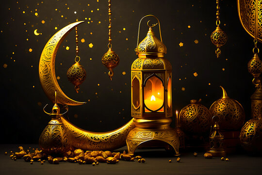 Ramadan Arabian relics a lantern and a golden crescent moon on a dark background with golden stars