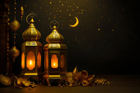 Ramadan Arabian relics a lantern and a golden crescent moon on a dark background with golden stars