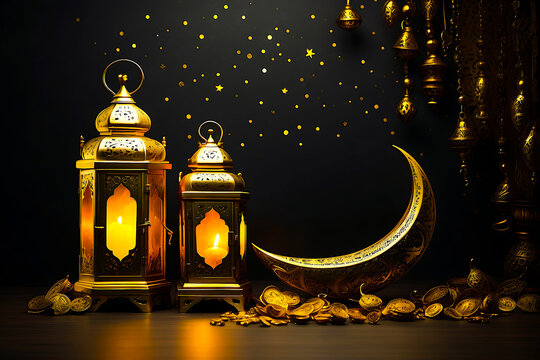Ramadan Arabian relics a lantern and a golden crescent moon on a dark background with golden stars