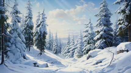 Fototapeta na wymiar A winter forest scene with towering pines laden with heavy snow