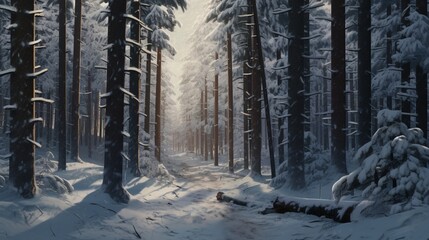 A winter forest scene with towering pines laden with heavy snow