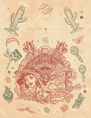 Naklejka premium Mexico. Aztec and Mayan vertical background. Mexican latin woman in ancient clothes, skeleton with a guitar and sun stone. Love story frame. Old paper vector. Cover page template