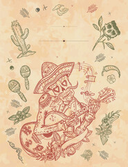 Mariachi skeleton wearing sombrero and playing guitar vertical background. Mexican culture frame. Old paper vector. Cover page template