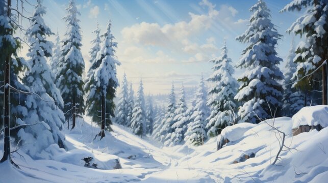 A winter forest scene with towering pines laden with heavy snow © Zabi 