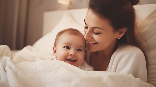 Generative AI image of Relax smile and mother with baby on bed for playful