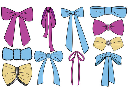 Bow knot and tie ups flat sketch vector illustrator. Set of sash bow knot for dress, waist band and clothing embellishments cad drawing template, Ribbon and satin bow knot drawing