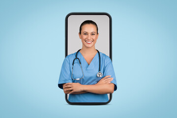 Confident female doctor in blue uniform, with arms folded smiling at camera, displayed on huge...