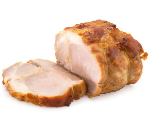 Roast pork slice isolated on white background, cut out