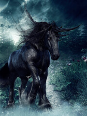 Fantasy scene with a black unicorn walking through a flowering meadow at night.