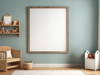 natural wooden poster frame on Modern stylish children room , interior of a room with a frame