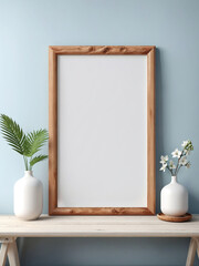 Poster mockup with a green plant and wooden frames on pastel blue, empty frame on table