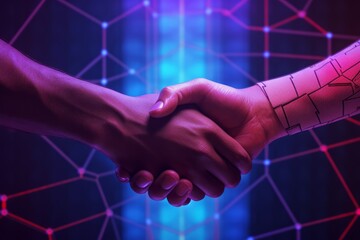 Generative AI image of shaking hands a big red X overlay coding secure vault