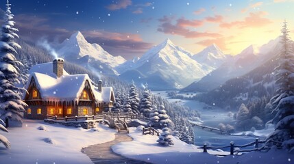 A winter scene with a cozy cottage nestled among snow-covered hills